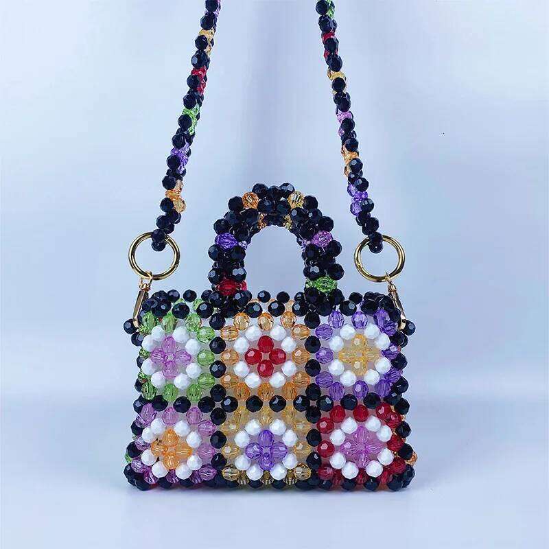 Women's Bags Designer Handmade Color Beaded Handbag Hollow Woven Beading Bags For Women Shoulder NEW Wide Strap Crossbody Bag Evening Clutch