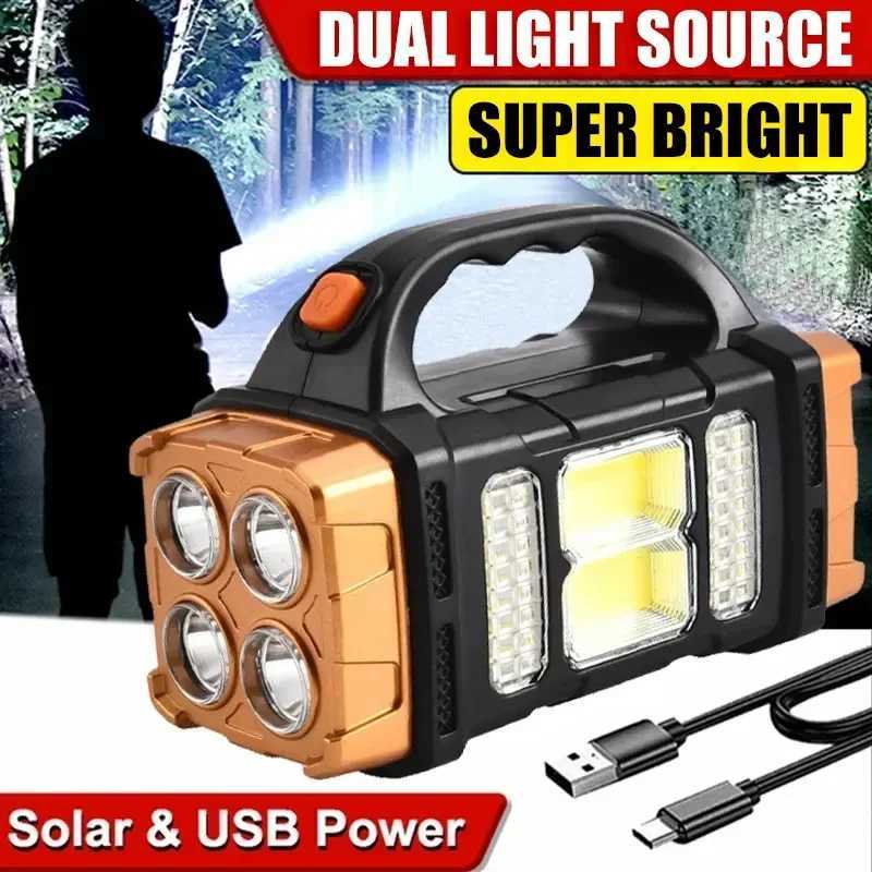 Portable Powerful USB Rechargeable Flashlights Solar LED Light With COB Work Light 4 Gear Charge Mobile Phone Camping Lamps XJ250529