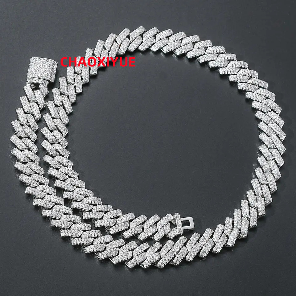 Trendy 925 Silver Cuban Link Chain for Men 14MM Moissanite Diamond with Two-Row Hip Hop Rapper Iced out Necklace