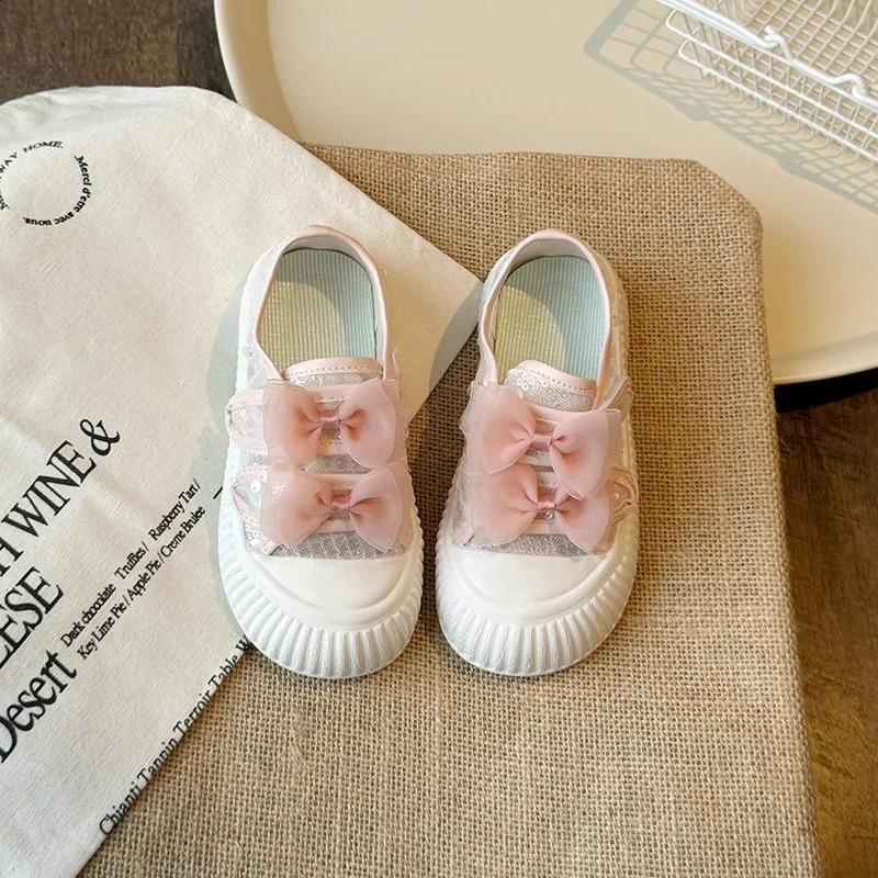 Girls Casual Flat Shoes Summer Children Versatile Bow Princess Shoes Kids Cute Sweet Mesh Tennis Shoes with Sequins 250527