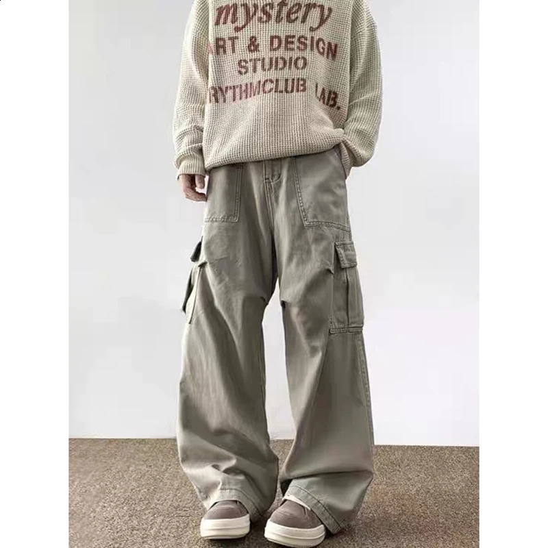 American Retro 2000s High Waist Full Length Jeans Pockets Hip-hop Baggy Cargo Pants Mens Casual Y2K Grunge Street Denim Trouser 250526