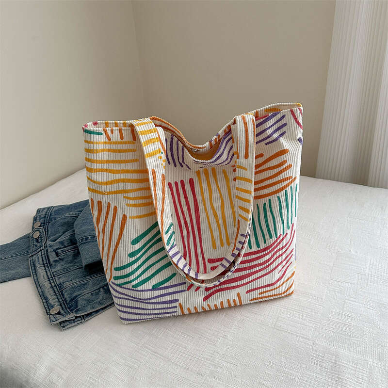 Underarm Forest Style Canvas Color-Block Striped Shoulder Office Commute Large Capacity Women's Shopping Bag