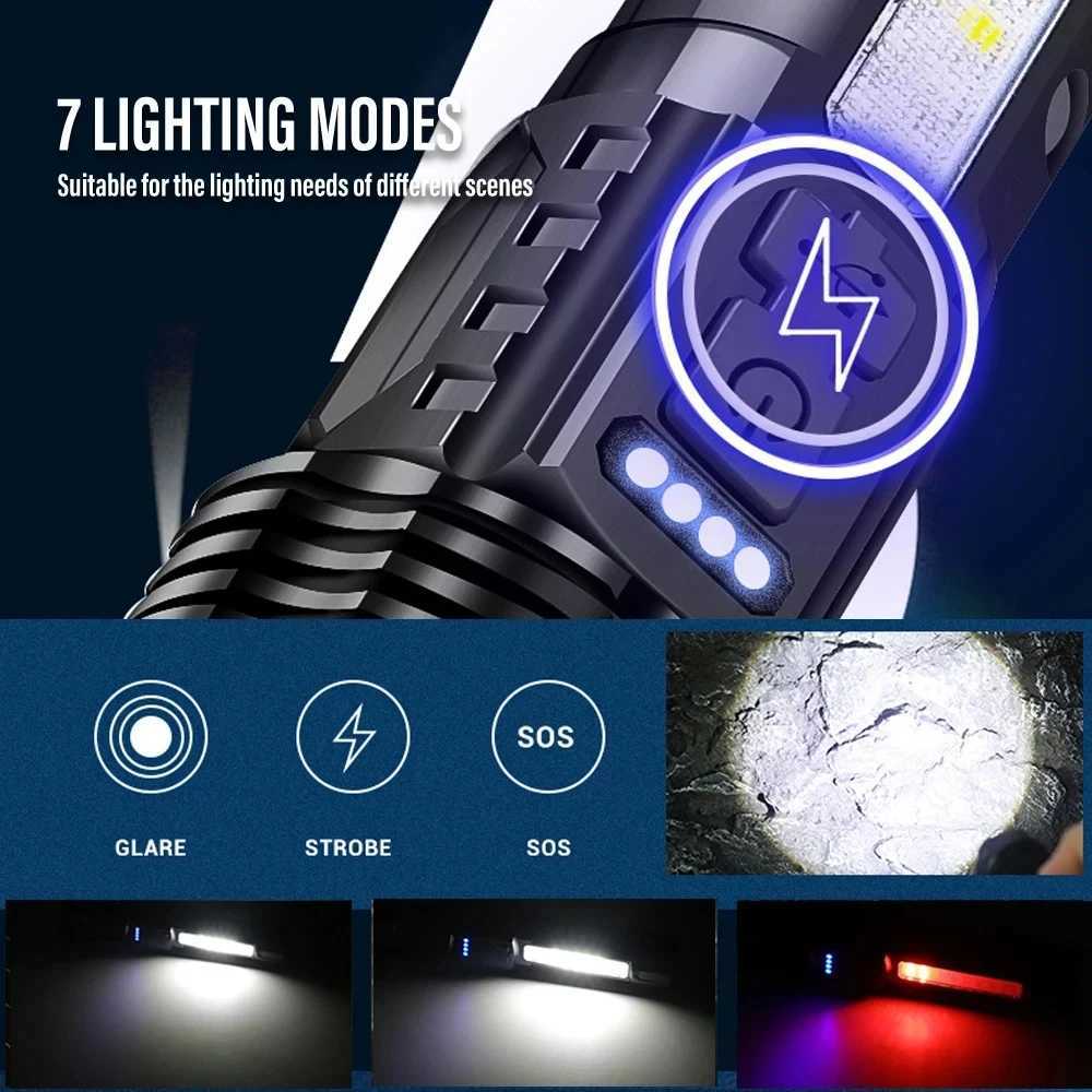Powerful XHP50 LED Flashlight Waterproof 18650 Torch With Side Light 7 Modes Camping Fishing Lantern USB Rechargeable Zoom Lamp XJ250529
