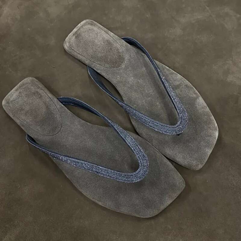 Sheepskin Version ~ French Style Clip Rhinestone Flip-Flops for Women Outdoor Wear 2025 Summer Beach Square Toe Flat Sandals