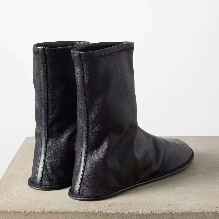 Genuine Leather Niche Design Square Toe Elastic Comfortable Flat Lazy Ankle Autumn New Versatile Slim Boots for Women