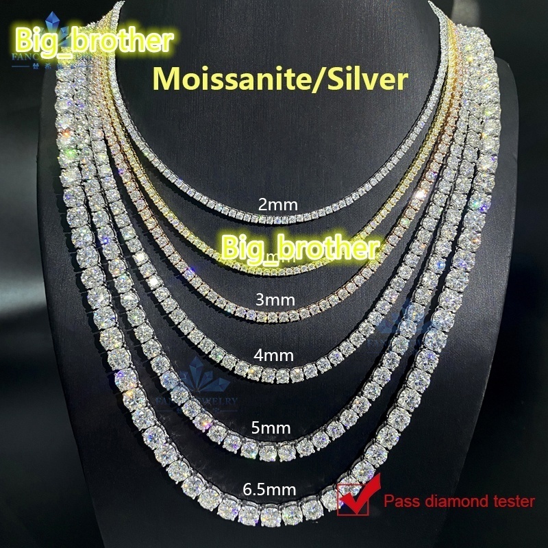 Pass Diamond Tester Hip Hop Jewelry 2mm 3mm 4mm 5mm 6.5mm VVS Moissanite Diamond 925 Silver Iced Out Tennis Chain Necklaces