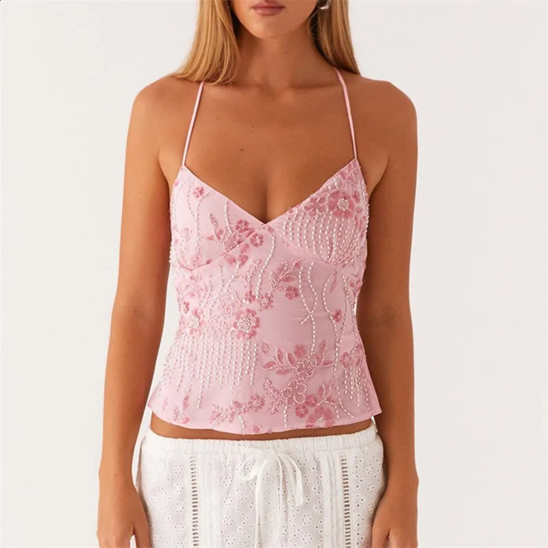hirigin Sequin Halter Crop Tops for Women Y2k Pearl Embellished Cami Summer Glitter V Neck Camisole Tank Shirt 250527