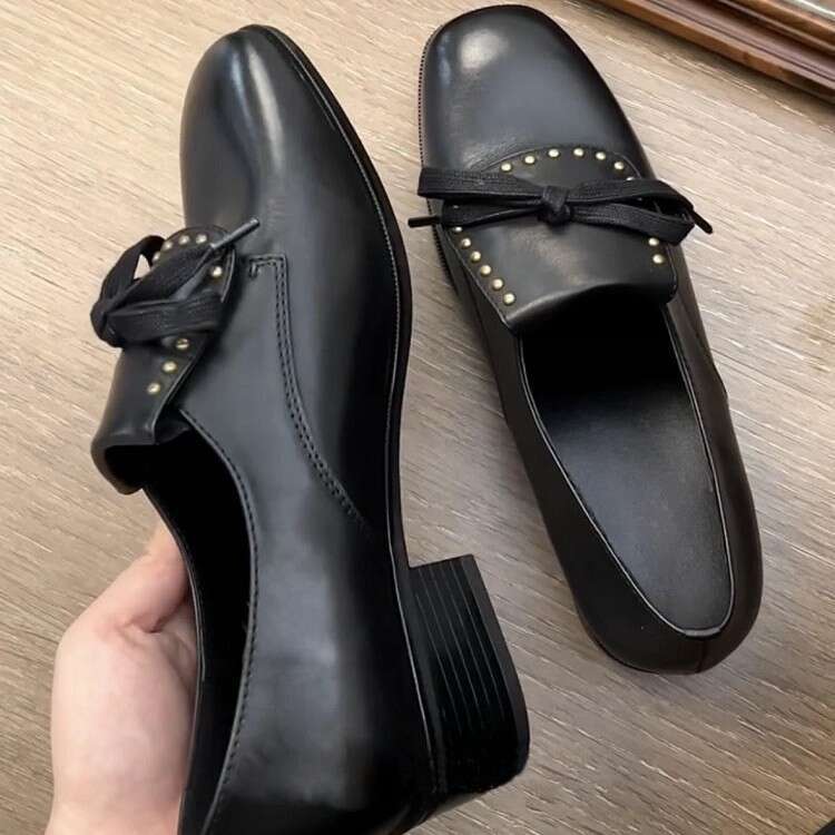 British Style Genuine Round Toe Bowknot Loafers for Women 2025 Spring New Thick Heel Small Leather Single Shoes