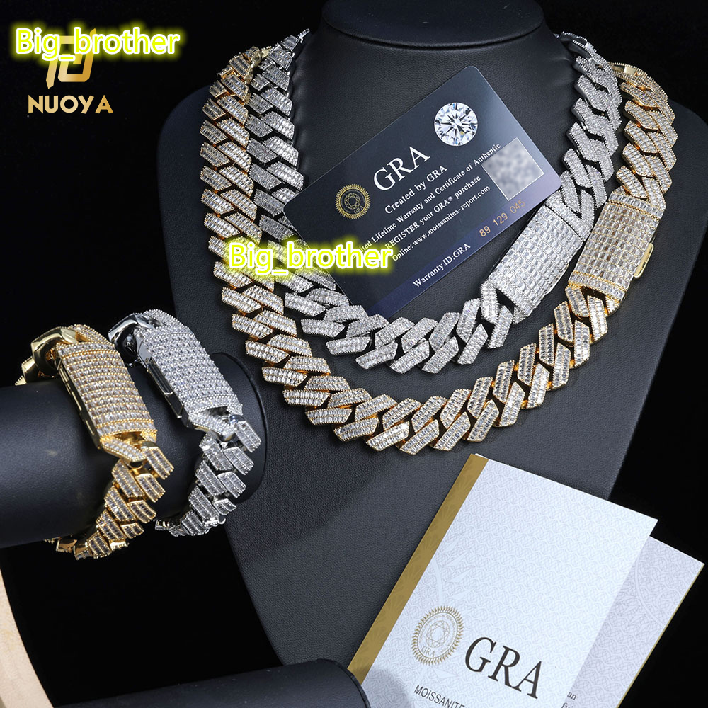 NUOYA Fine Jewelry 20mm 925 Sterling Silver Chunky Cuban Link Chain Pass Diamond Test Baguette VVS Moissanite Necklace Women