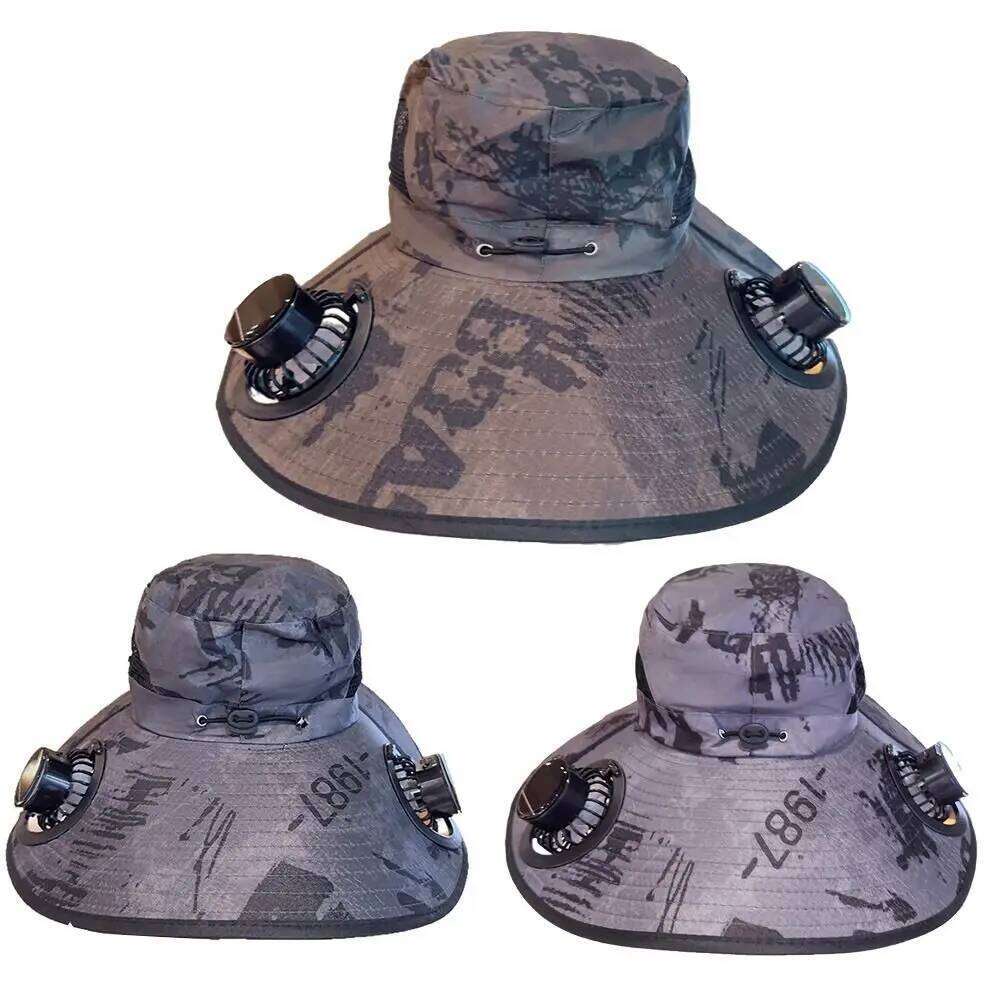 with UV Protection Solar Fan Adjustable 3 Speeds Wide Brim Sun Cap Camouflage Breathable Cooling Fisherman Hat Outdoor
