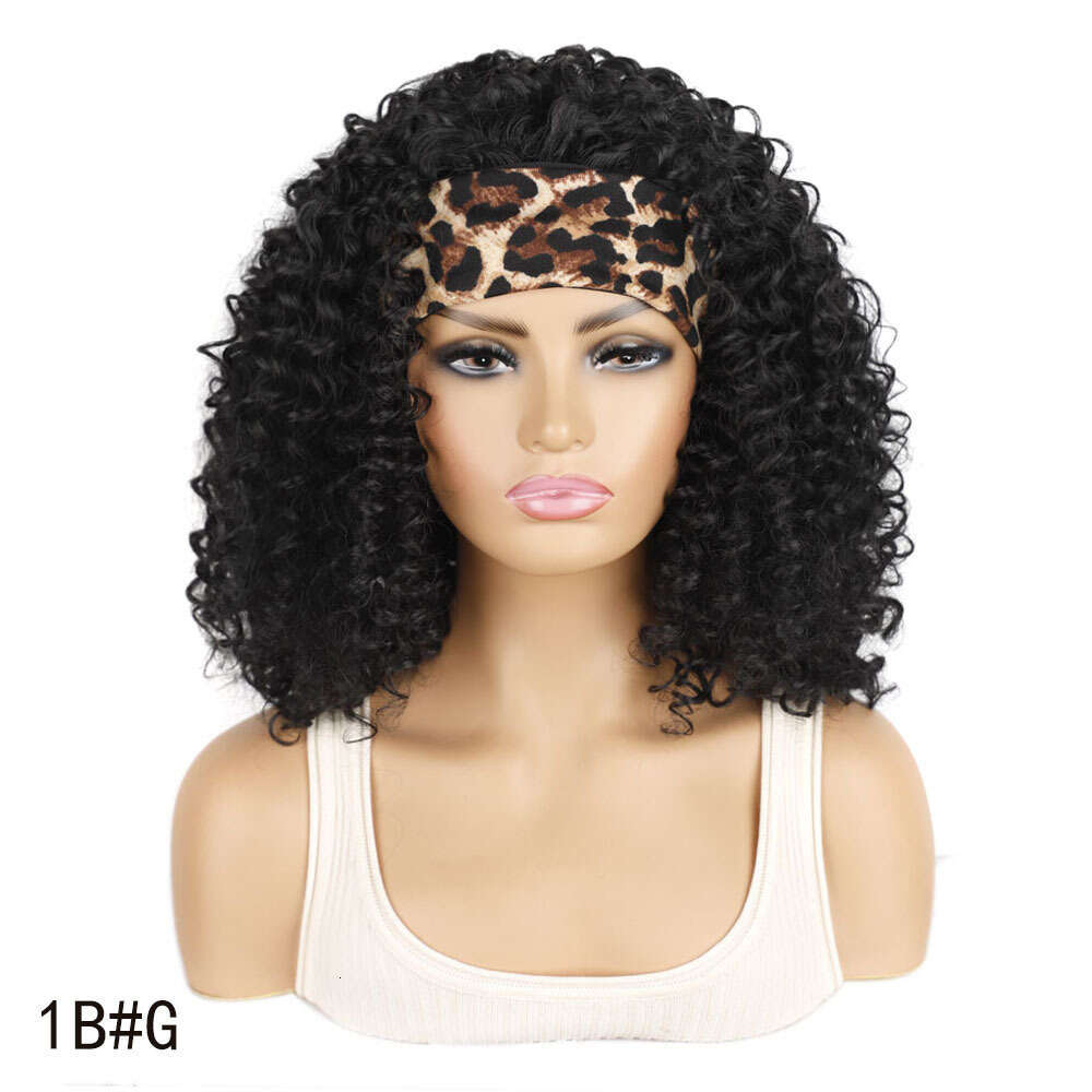 Women's wig Short 19Inch Deep Black Curly Hair Band Ice Silk Hairband Set Wig