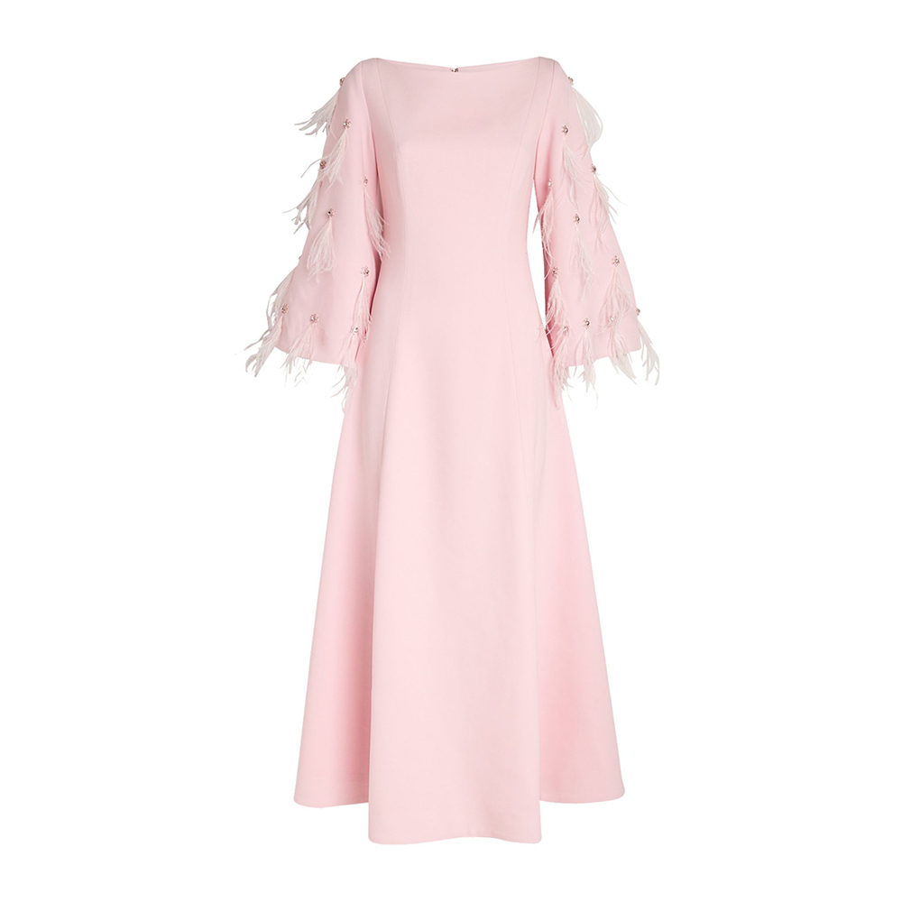 Simple Pink Party Gown Sheath Beaded Crystal Evening Dresses Feather Long Sleeves Prom Gown for Africa Women
