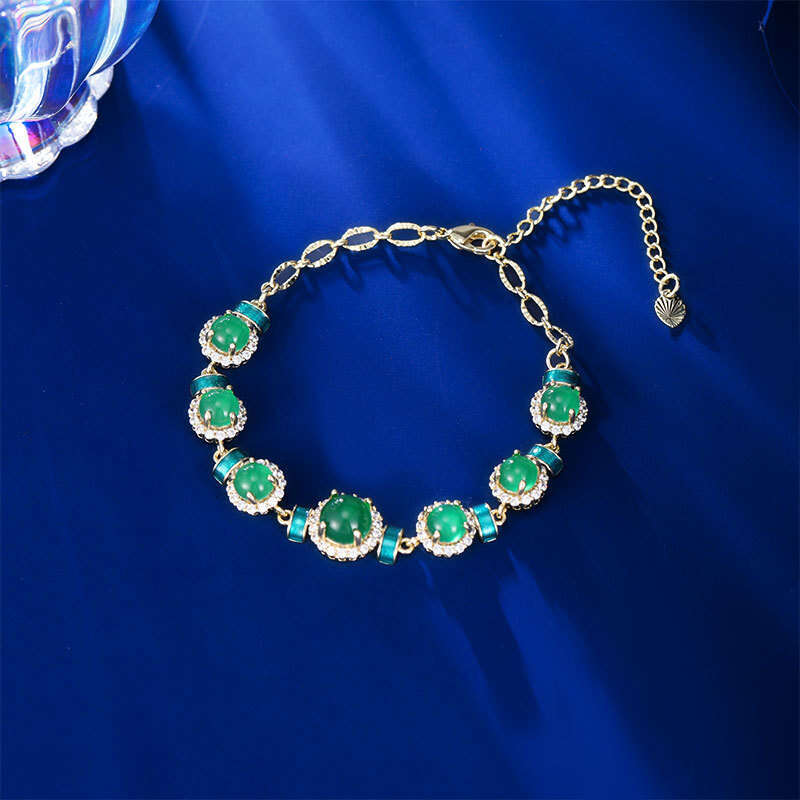 National Trend New Chinese Style Elegant Inlaid with Green Chalcedony Luxurious Zircon Agate High-end Round Bead Bracelet