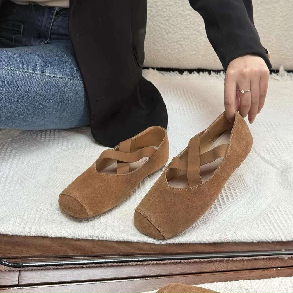 Genuine Leather Niche Suede Round Toe Cross Strap Flat Ballet for Women Spring and Autumn New Mary Jane Shoes