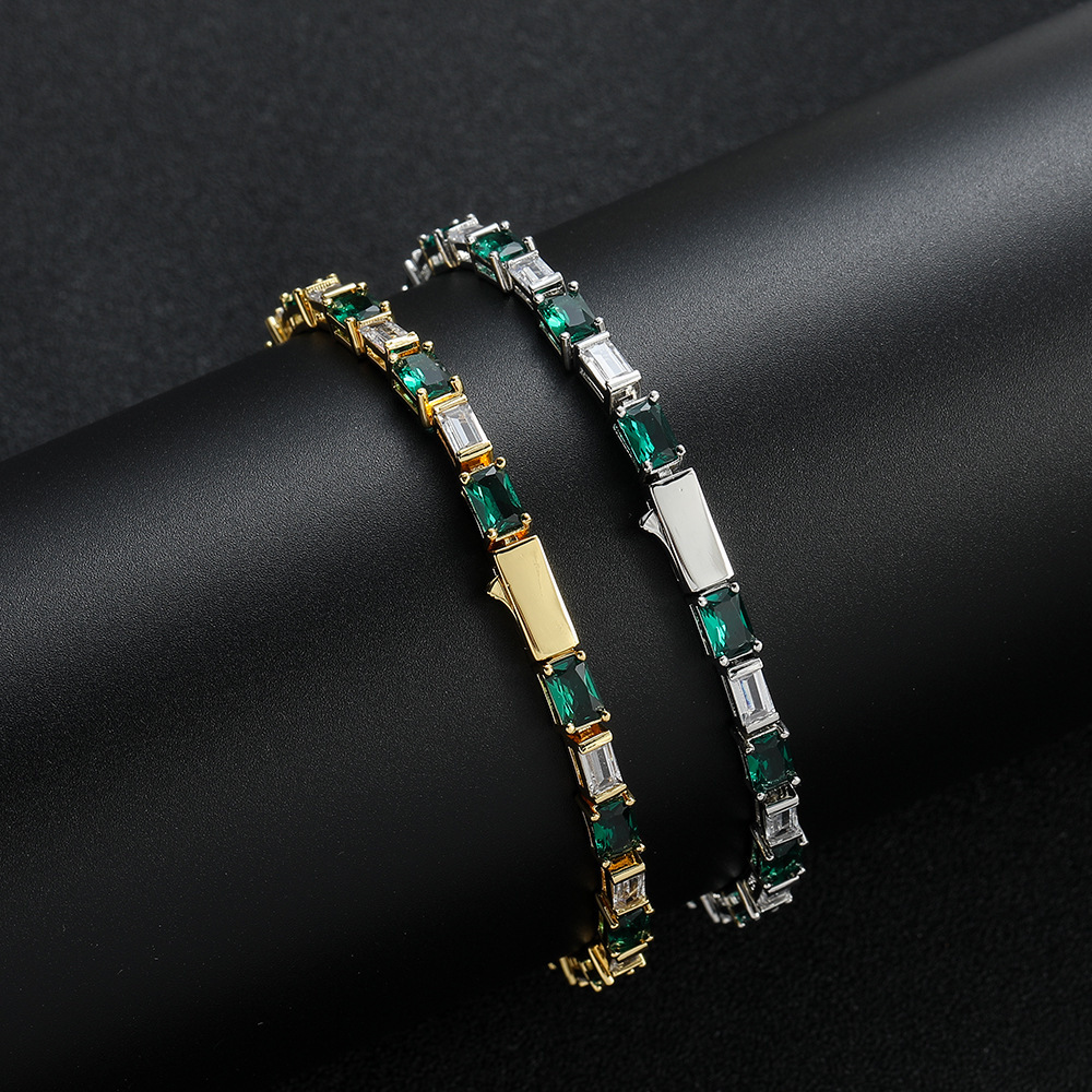 Sparkly Baguette Emerald Tennis Bracelet Spring Buckle Rectangular Green White Cubic Zirconia Bling Cz Stones Hip Hop Bangle For Women Wolf Tide Pulse