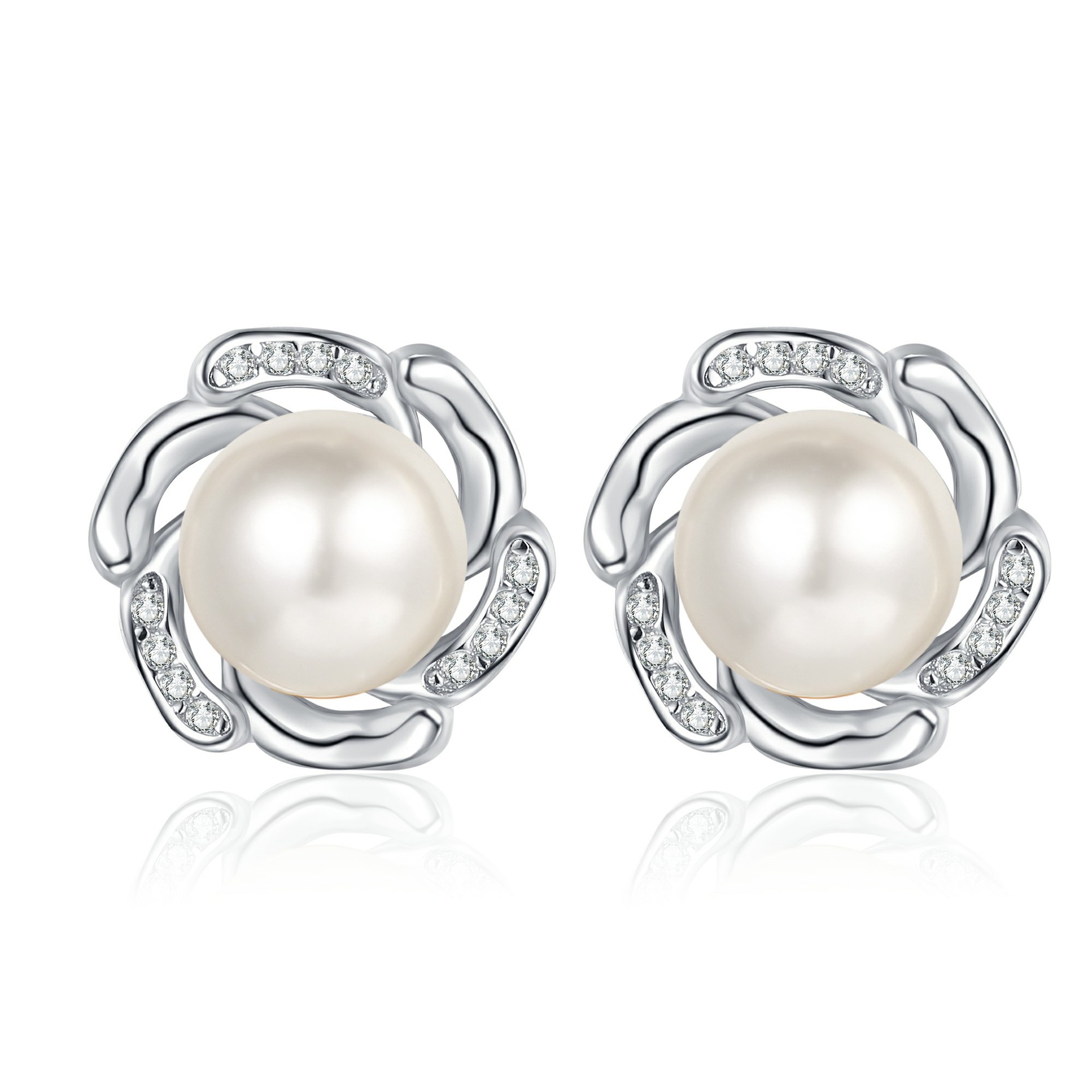 Sterling silver moissanite pearl floral bud stud earrings for women, elegant minimalist design, sweet and stylish daily wear jewelry