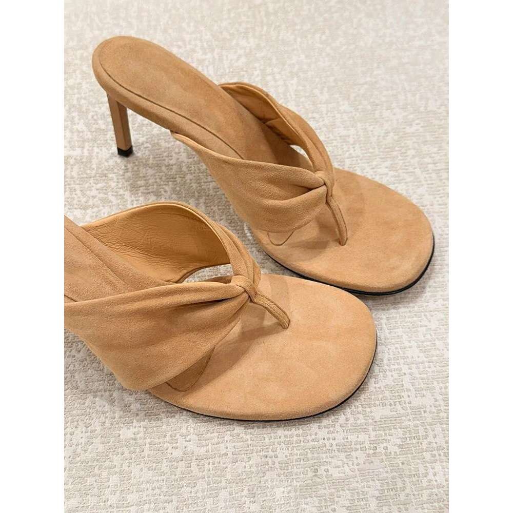 Genuine Suede French Style Stiletto Toe Post Sandals for Women Outdoor 2025 New Spring Summer High Heel Slippers