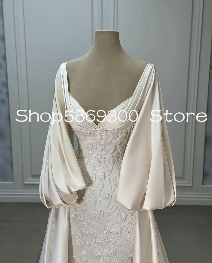 Ivory Long Sleeve Mermaid Wedding Dresses with Detachable Train Lace Stain Customsized Saudi Bridal Gown Garment