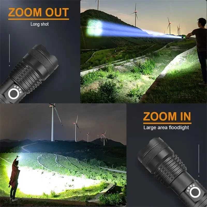 XHP50 High Power Rechargeable LED Tactical Flashlight Aluminum Alloy Telescopic Zoom Torch Lamp for Outdoor Camping Fishing XJ250529