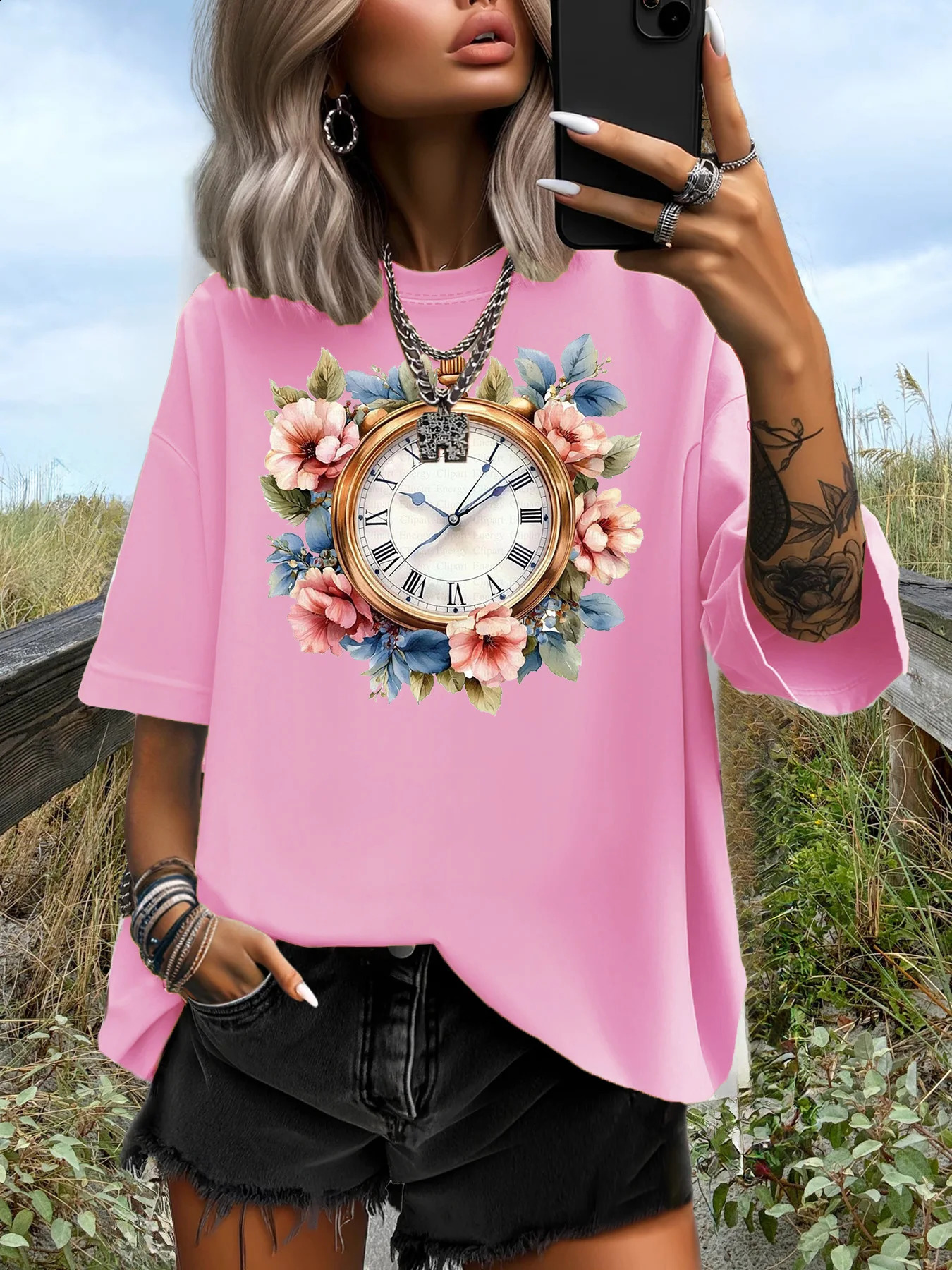 Summer Womens Plus Size TShirt Original n Fashion Flower Clock Pattern Print Casual Round Neck Short Sleeved Tops 250519