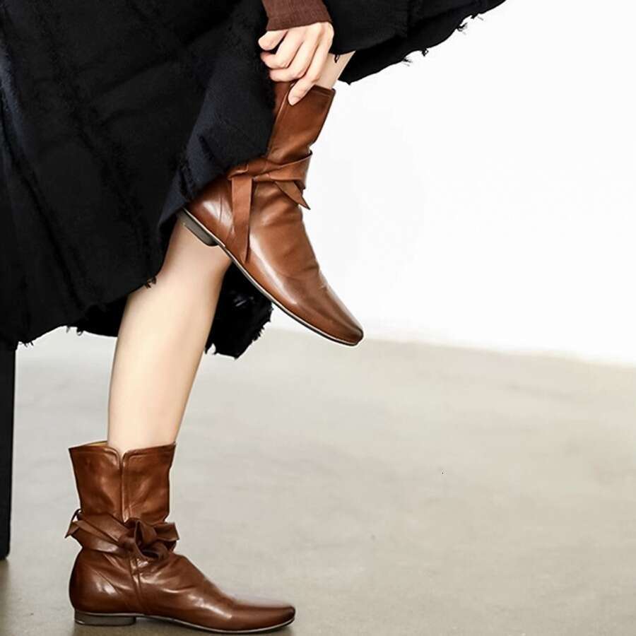 Genuine Leather Niche Dyed British Style Martin for Women, Autumn Winter Chelsea Ankle with Bowknot, Flat Pleated Slouch Boots