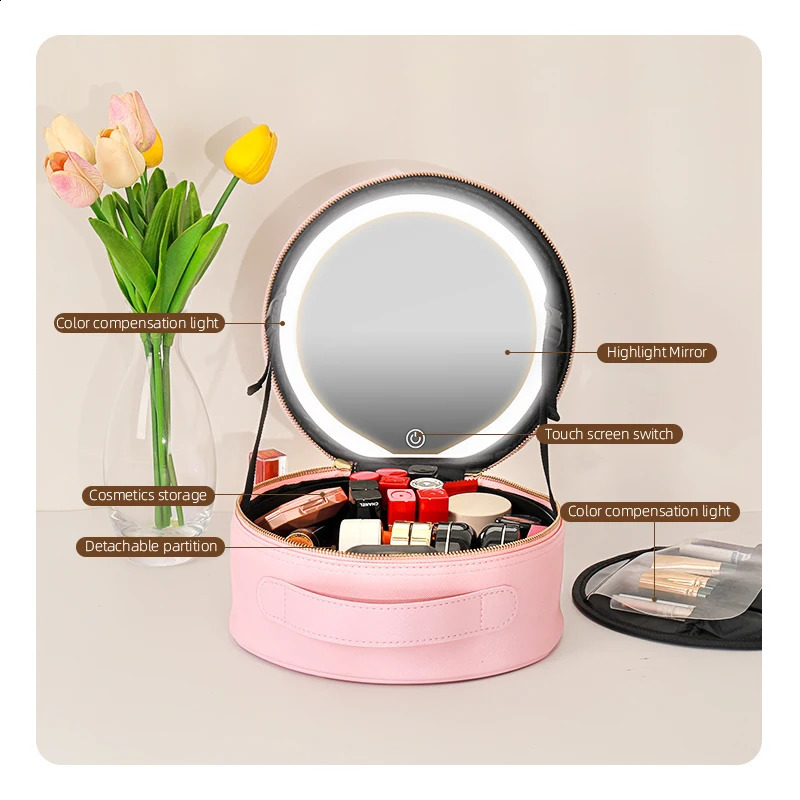 Travel PUMakeup Bag With LED Mirror Portable Cosmetic And Light Rechargeable Makeup Lights 250528