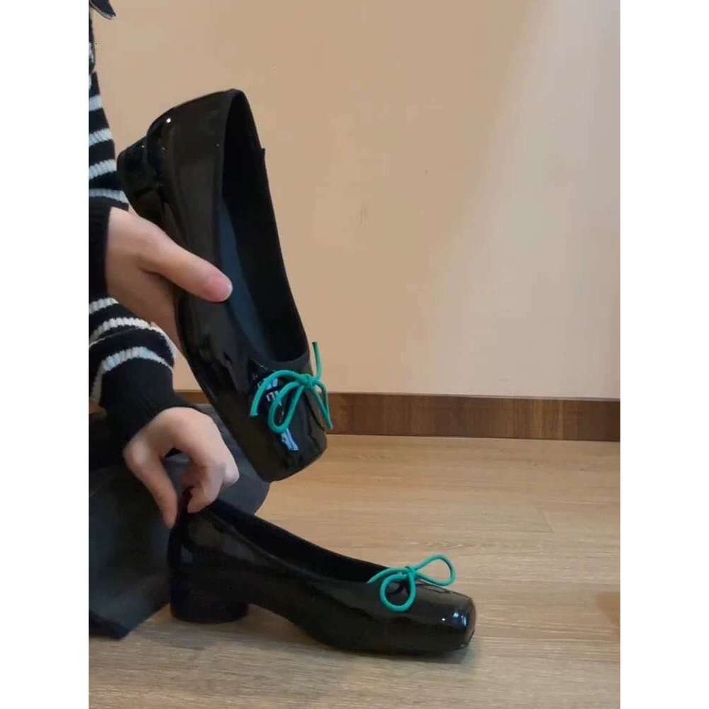 French Style Genuine Leather Shallow Mouth Square Toe Bowknot Ballet for Women 2025 Spring New Versatile Chunky Heel Loafers Single Shoes