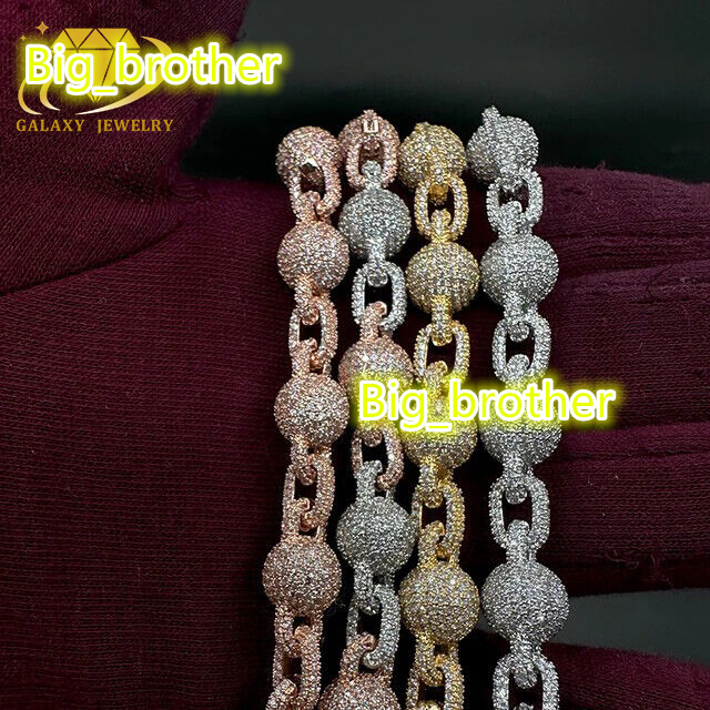 Iced Out Ball 15mm Curb Chain Moissanite Diamond Hiphop 925 Sterling Silver Beads Cuban Link Bracelet Necklace for Men