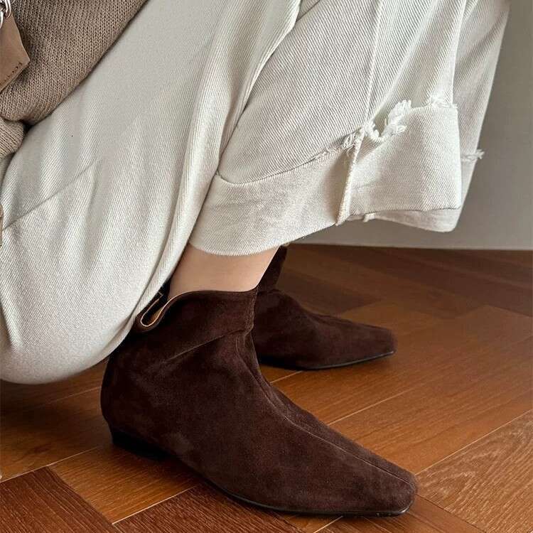 French Style Minimalist Square Toe Ankle Flat Slim with Back Zipper Short for Women Autumn Winter New Versatile Martin Boots