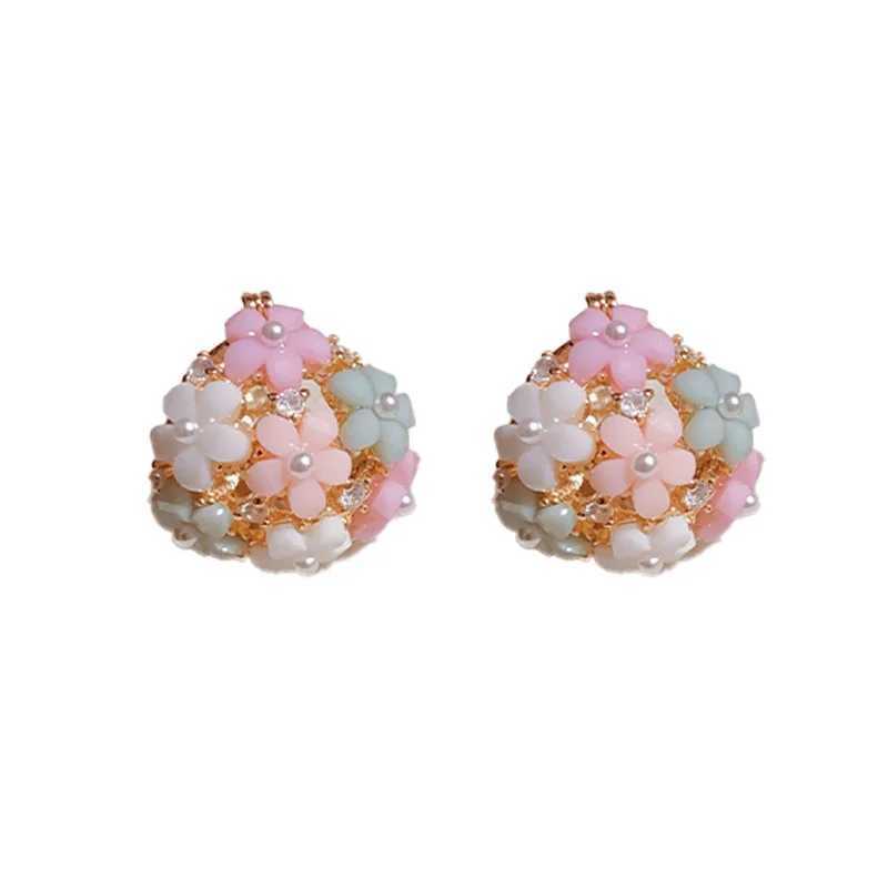 Fashionable Zircon Pearl Flower Basket Ear Buckle Sweet Pink Rhinestone Petal Flower Earrings Wedding Party Jewelry Girls Gifts L250527