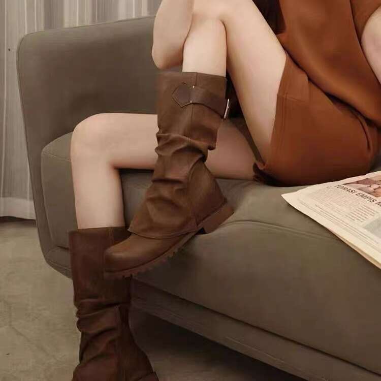 American Style Niche Pleated Slouch Mid-Calf for Women 2024 New Thick Heel Platform Riding Long Boots