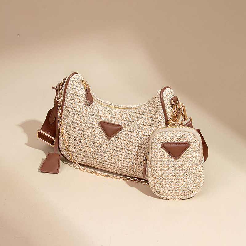 Minimalist Fresh Style Crossbody Beach Raffia Two-Piece Set Single Shoulder Underarm Fashion Niche Woven Crescent Bag