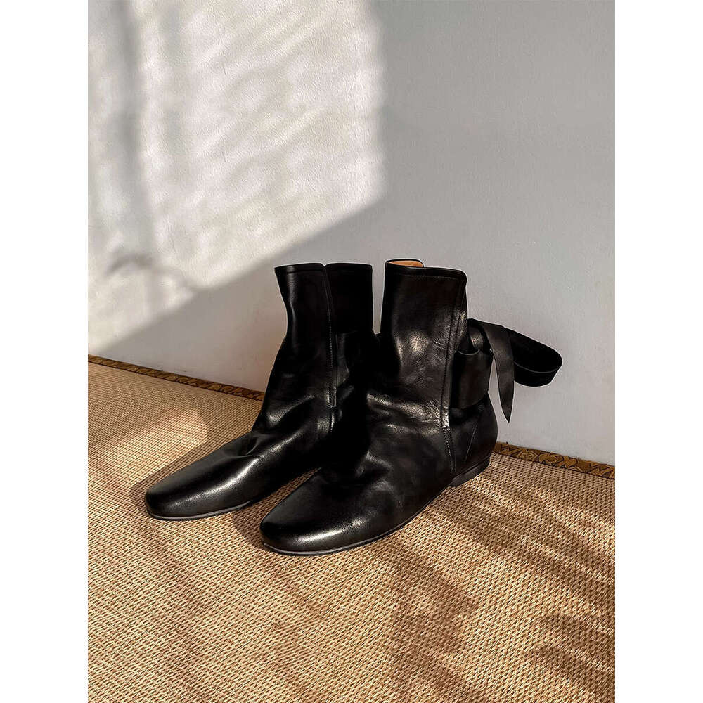 Genuine Leather Niche Dyed British Style Martin for Women, Autumn Winter Chelsea Ankle with Bowknot, Flat Pleated Slouch Boots