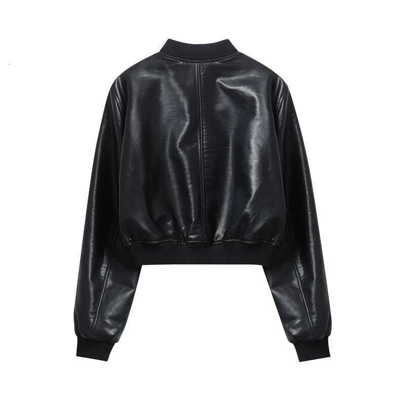 RARF Women's new Pure black vintage imitation leather bomber jacket coat top women's style