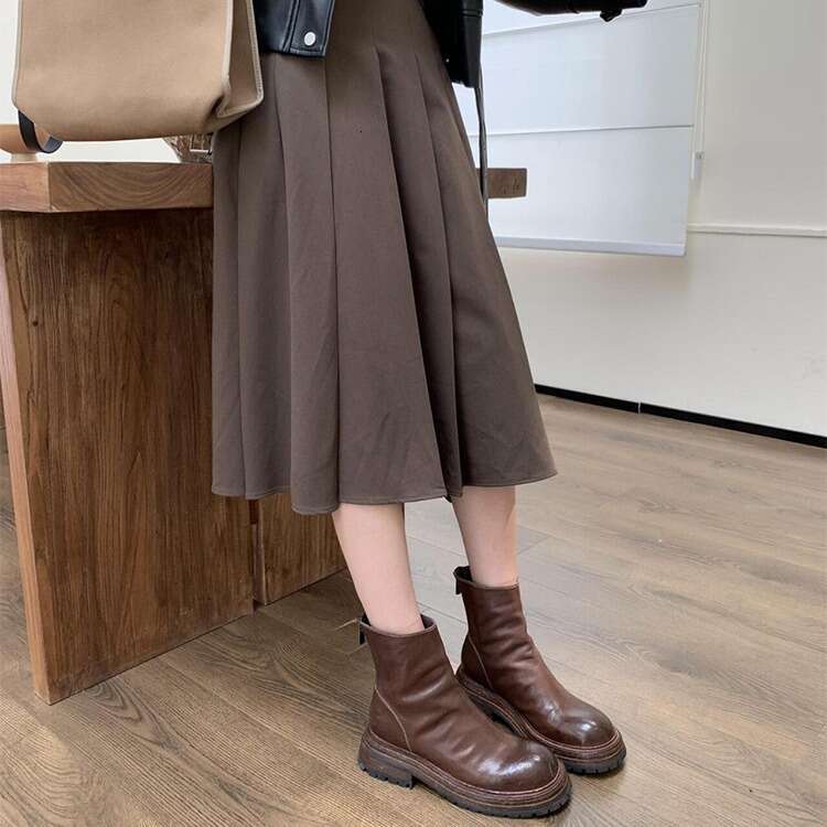Genuine Leather British Style Martin for Women, Autumn and Winter Thick Sole Chunky Heel Round Toe Washed Ankle Chelsea Motorcycle Boots