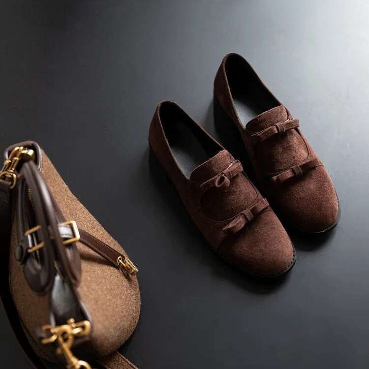 Korean Style Double Bow Patent Leather Women's Loafers Spring Autumn New Chunky Heel Round Toe Slip-On Commuter Shoes