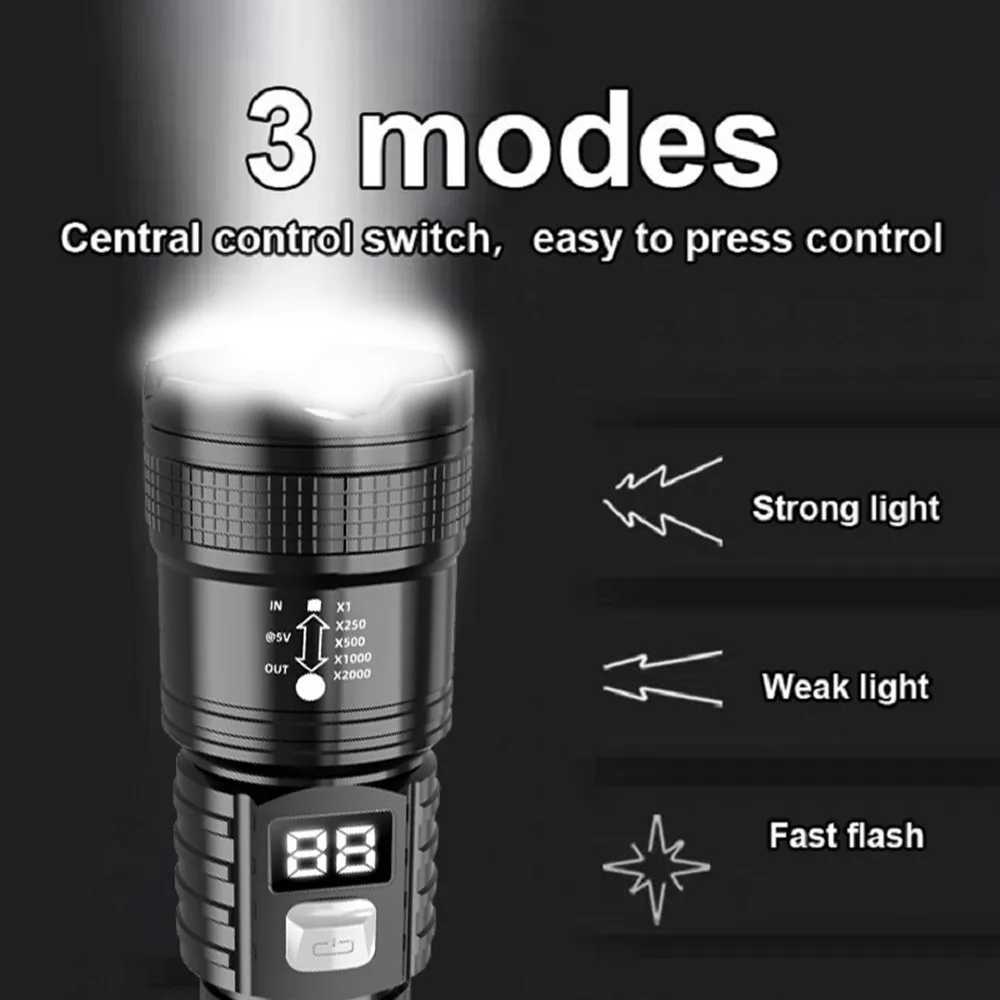 Powerful Long Range LED Flashlight Tactical Light Power Display USB Rechargeable Light Telescopic Zoom Torch Camping Lantern XJ250529