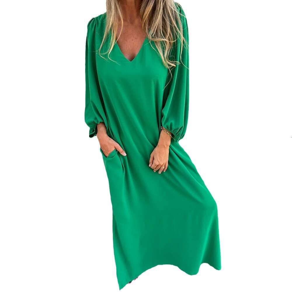 Spring And Autumn Casual Loose V-Neck Solid Color Women's Lantern Sleeve Dress Multiple Colors B5