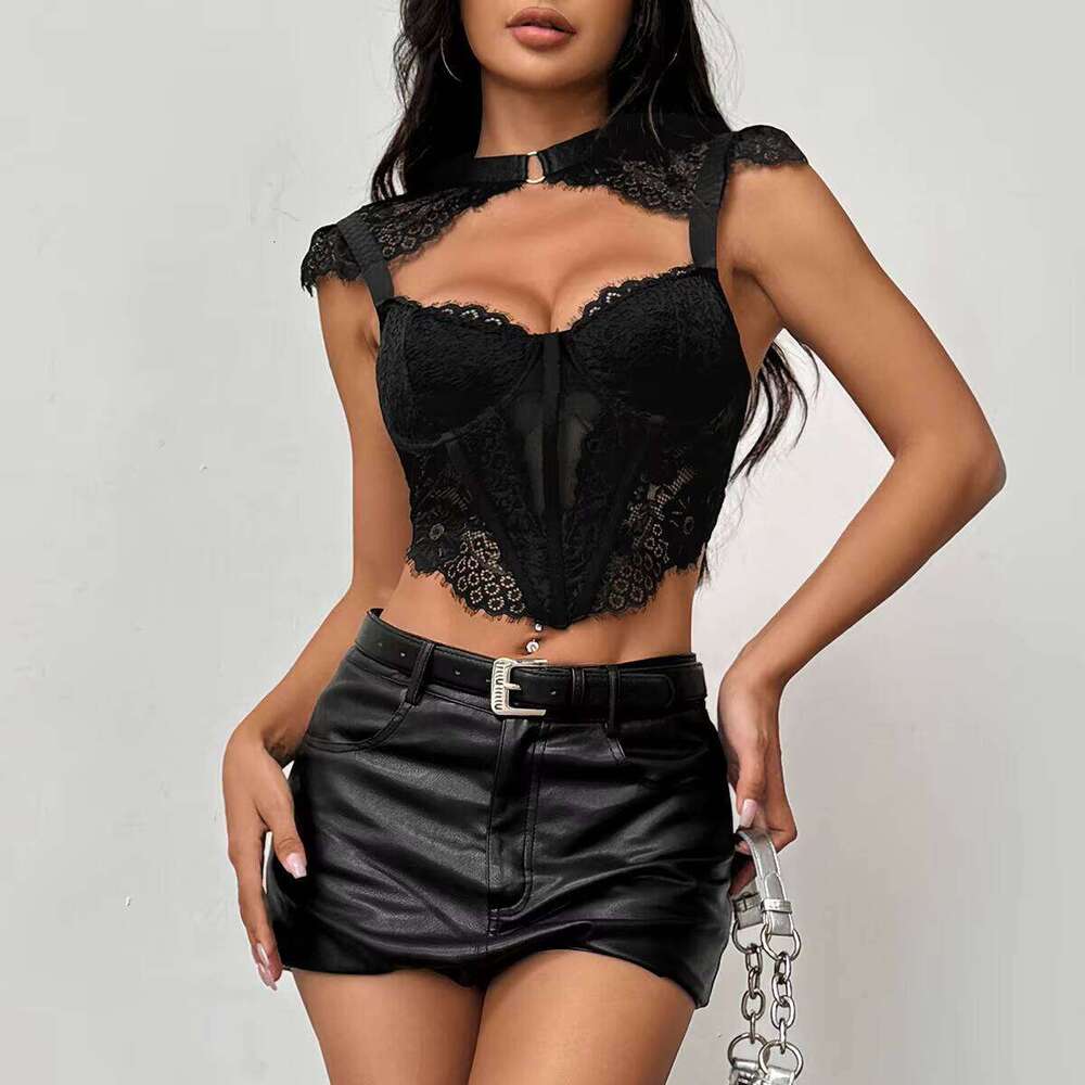 Chuangerm Oem 2025 New Spicy Girl Sexy See-Through Patchwork Hollow Out Lace Fishbone Black Women Corset Top