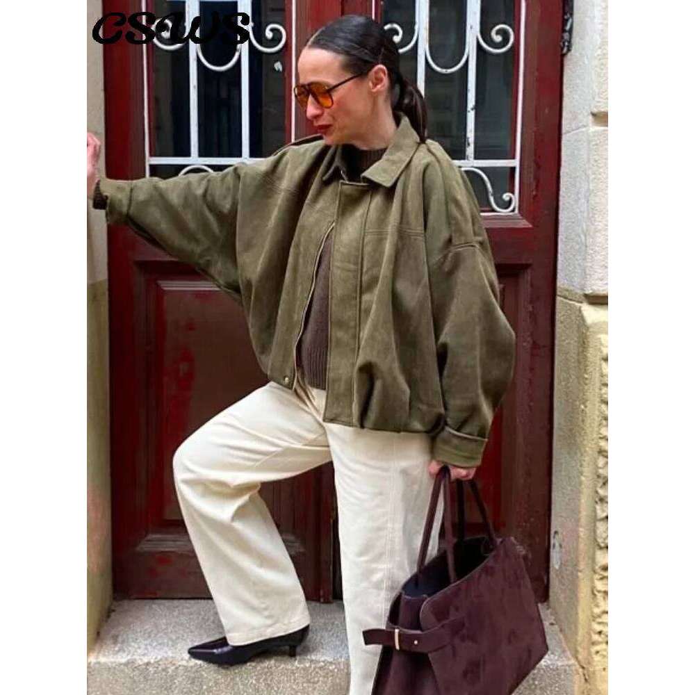 Street Women's Suede Bomber Jacket Fashion Lapel Zipper Full Sleeve Female Coats 2025 Spring Lady Casual Commute Vintage Outwear