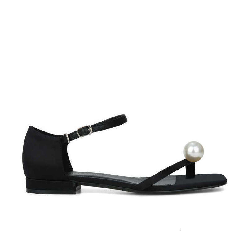 Su Yinyin Midsummer Moonlight Tot*e Square Toe Pearl Flip-Flops Toe-Post Chunky Heel Buckle Flat Sandals