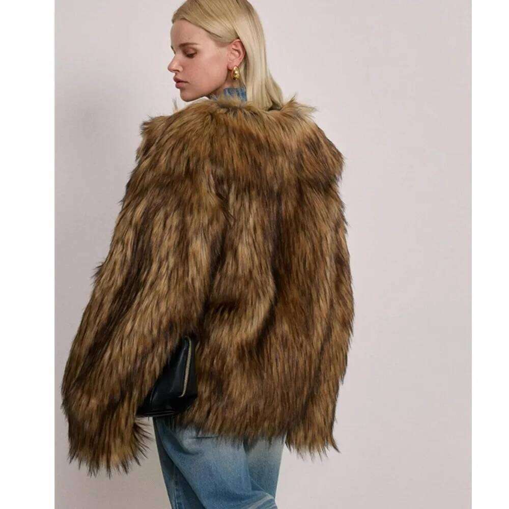 Winter Brown Gradient Long Hairy Shaggy Raccoon Faux Fur Coat Full sleeve Women Big Lapel Furry Loose Outerwear