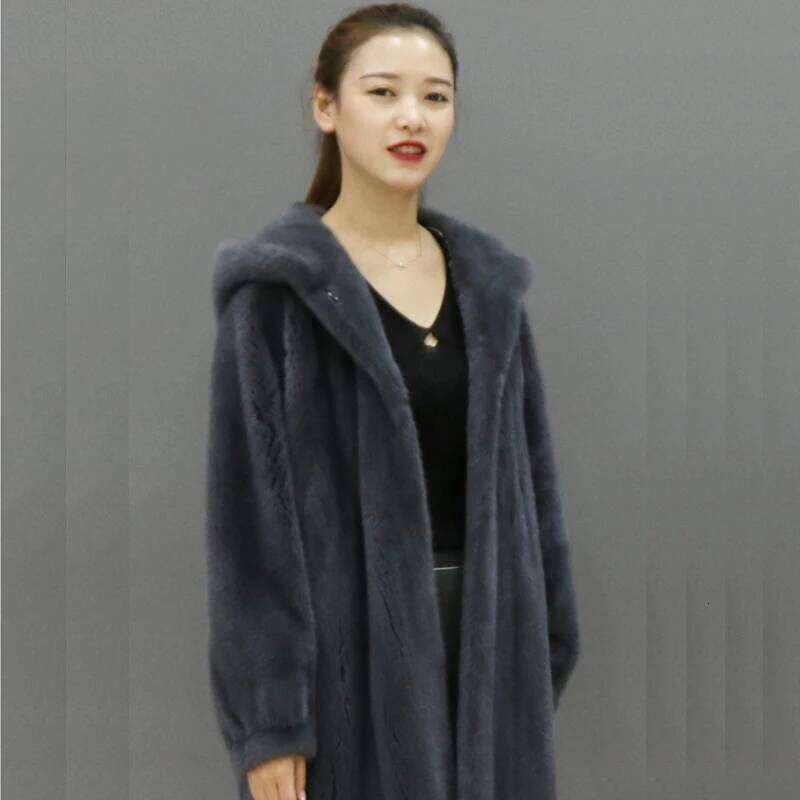 The new faux mink fur for autumn and winter is casual trench coat with a long, knee-length hoodie in veet jacket