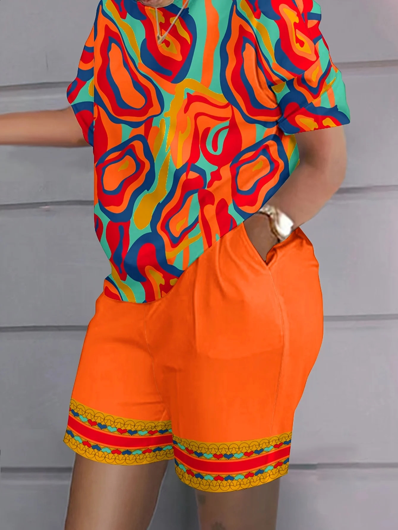 Plus Size 1XL5XL Womens Colorful Abstract Print Pajama Set Casual Short Sleeve Round Neck TShirt Shorts Summer Loungewear 250517
