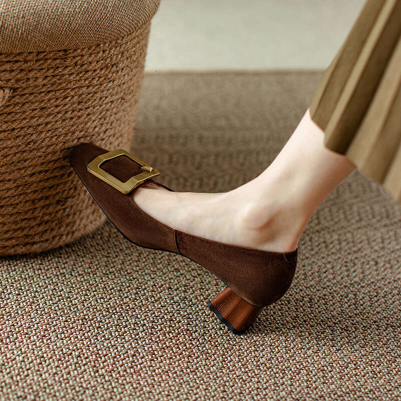 Chengdu Style ~ Square Toe Metal Suede Shallow Mouth Single Shoes for Women Spring New Elegant Versatile Chunky Heel Loafers