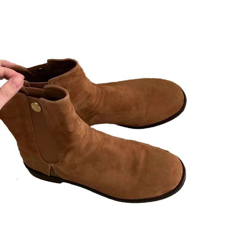 Korean Style Genuine Leather Suede Small Coin Western for Women, Autumn and Winter Martin Boots, Heel, Flat Bottom, Chelsea Ankle Boots