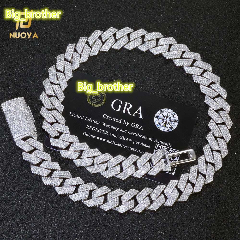 NUOYA 15mm Iced Out Cuban Link Necklace Men Hip Hop Jewelry Shiny VVS Moissanite 925 Silver Chain Gift for Party