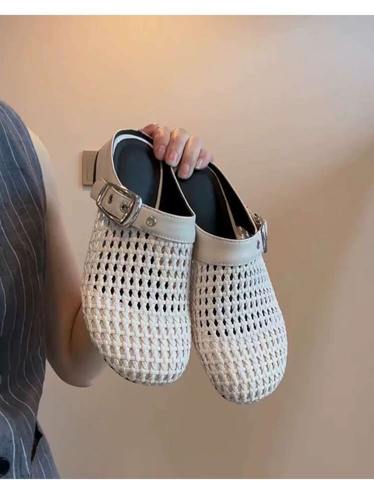 Cowhide Version ~ Niche Belt Buckle Closed Toe for Women Outdoor 2025 New Spring Summer Thick Sole Mules Sandals