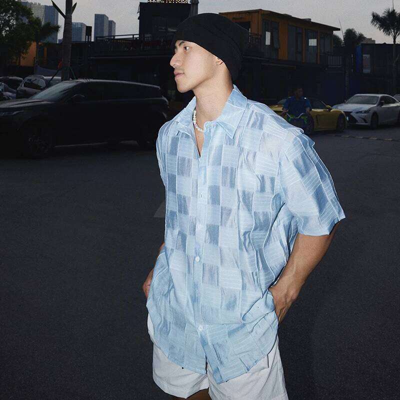 Women's Wear FEWQ Plaid Design Men's Shirt Turn-Down Collar Solid Color Single Breasted Casual Menswear Loose Short Sleeved Male Tops 3456