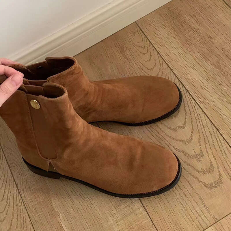 Korean Style Genuine Leather Suede Small Coin Western for Women, Autumn and Winter Martin Boots, Heel, Flat Bottom, Chelsea Ankle Boots